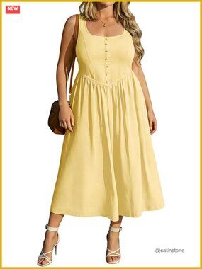 Plus Size Maxi Dress Square Neck Sleeveless Casual Beach Sundress with Pockets